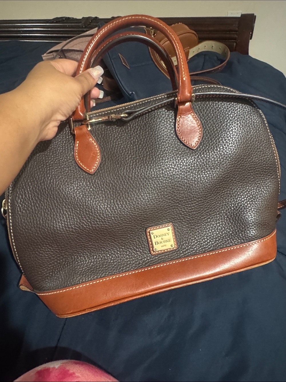 Dooney & Bourke Dark Brown Pebbled Leather Satchel with Cognac Trim